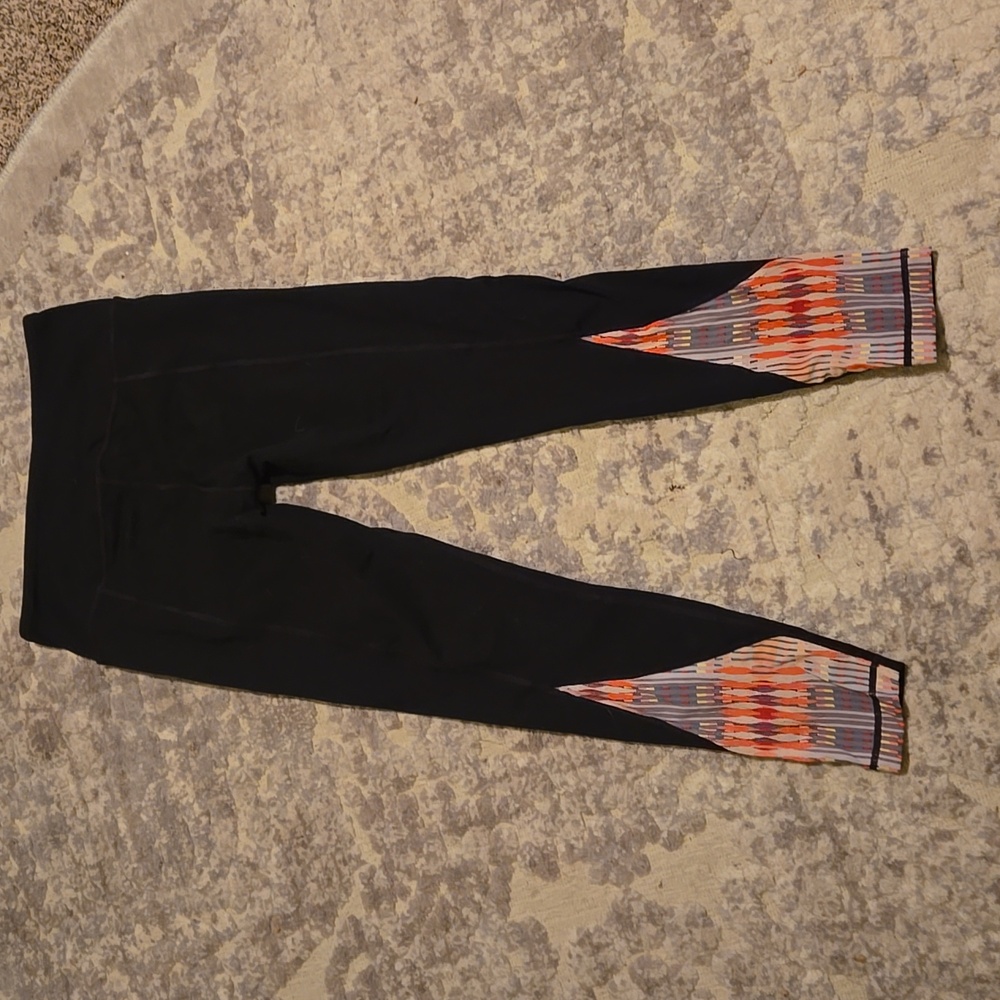 Prana Black Leggings, Color Burst Calf Pattern.
